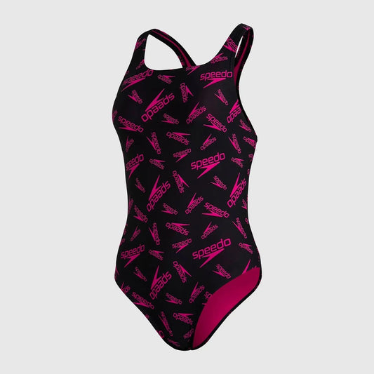 Speedo Boom Logo Allover Medalist Women's Swimsuit (Black Pink)