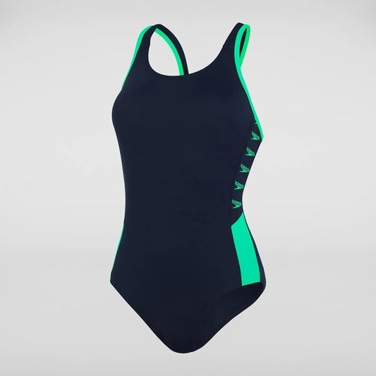 Speedo Boom Logo Splice Muscleback Women's Swimsuit (Navy Green)