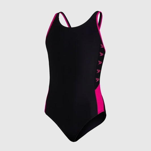 Speedo Boom Logo Splice Muscleback Swimsuit Girls' (Black Pink B344)