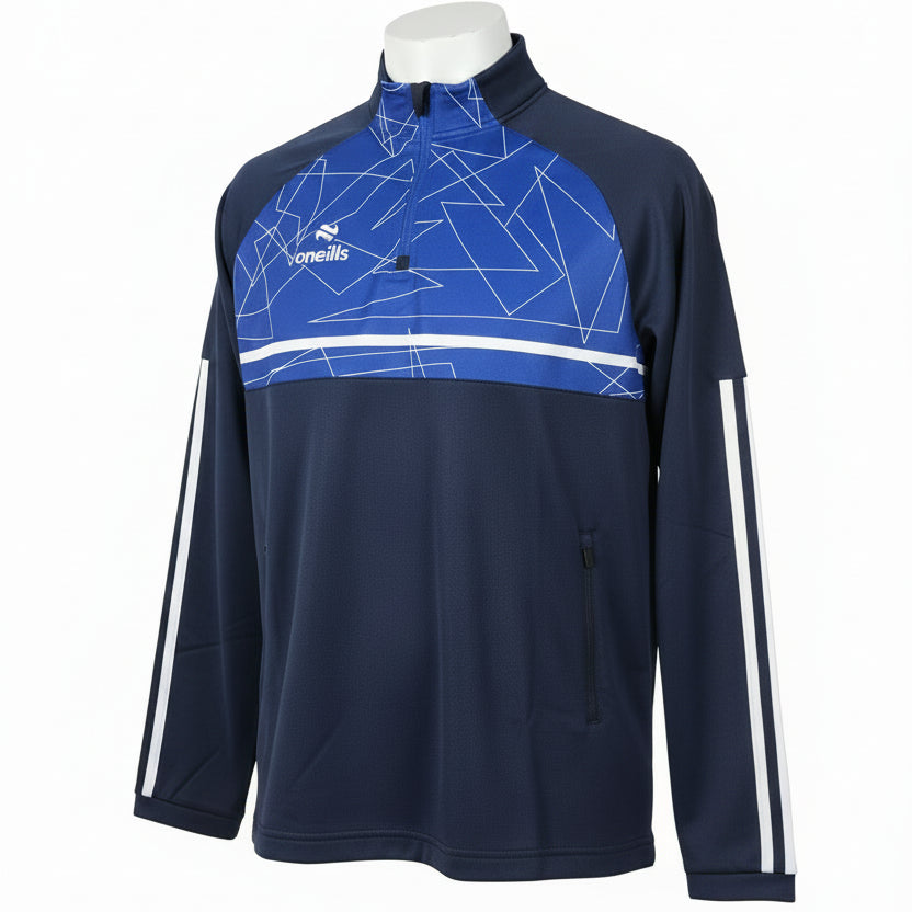 A navy blue and blue geometric print athletic quarter-zip pullover jacket by Onells, displayed on a mannequin torso against a white background.