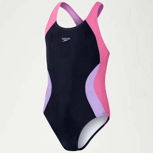 Speedo Colourblock Spiritback Swimsuit Girls (Navy Purple)