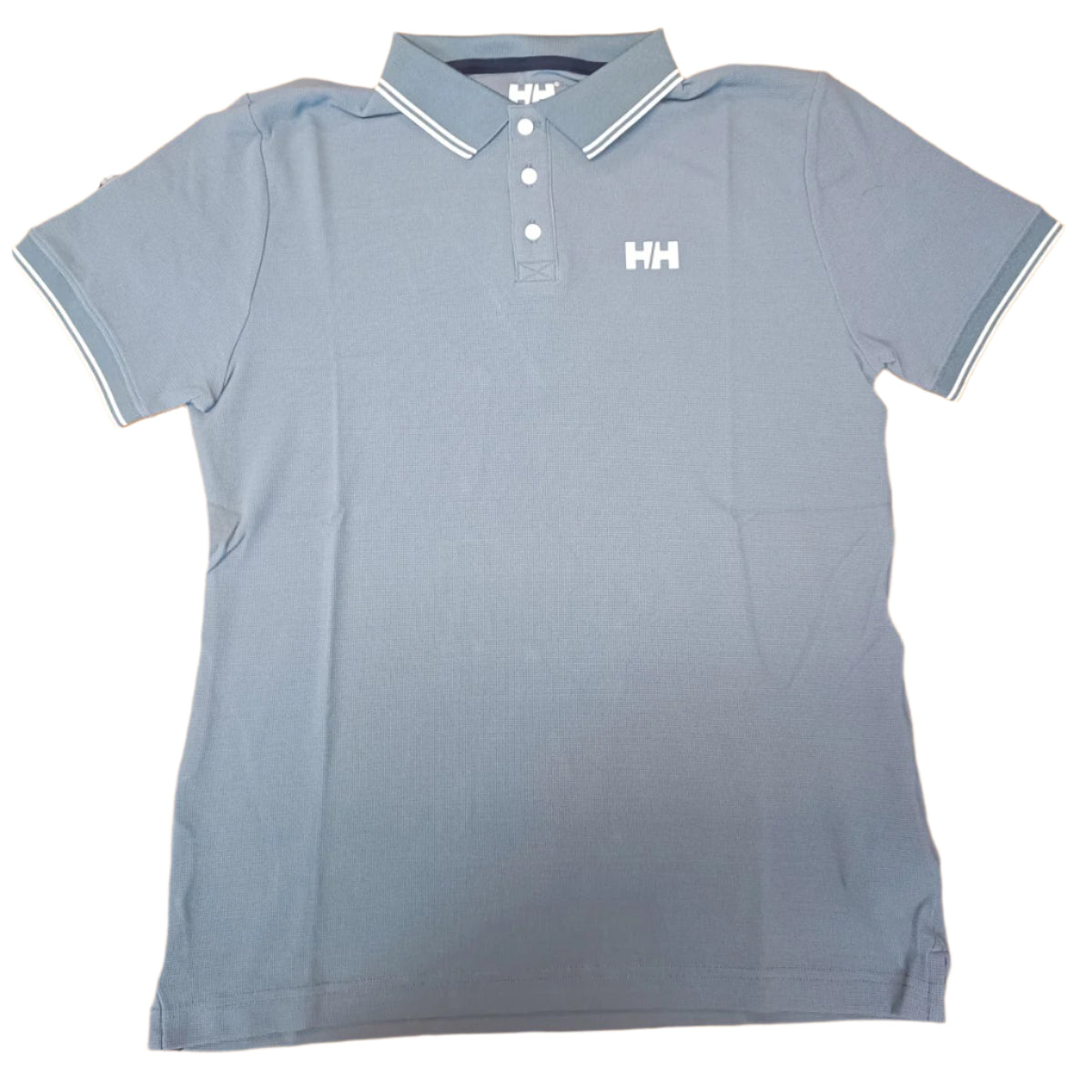 Navy Gray polo shirt with a brand logo on a wooden surface