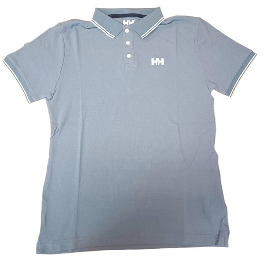 Navy Gray polo shirt with a brand logo on a wooden surface