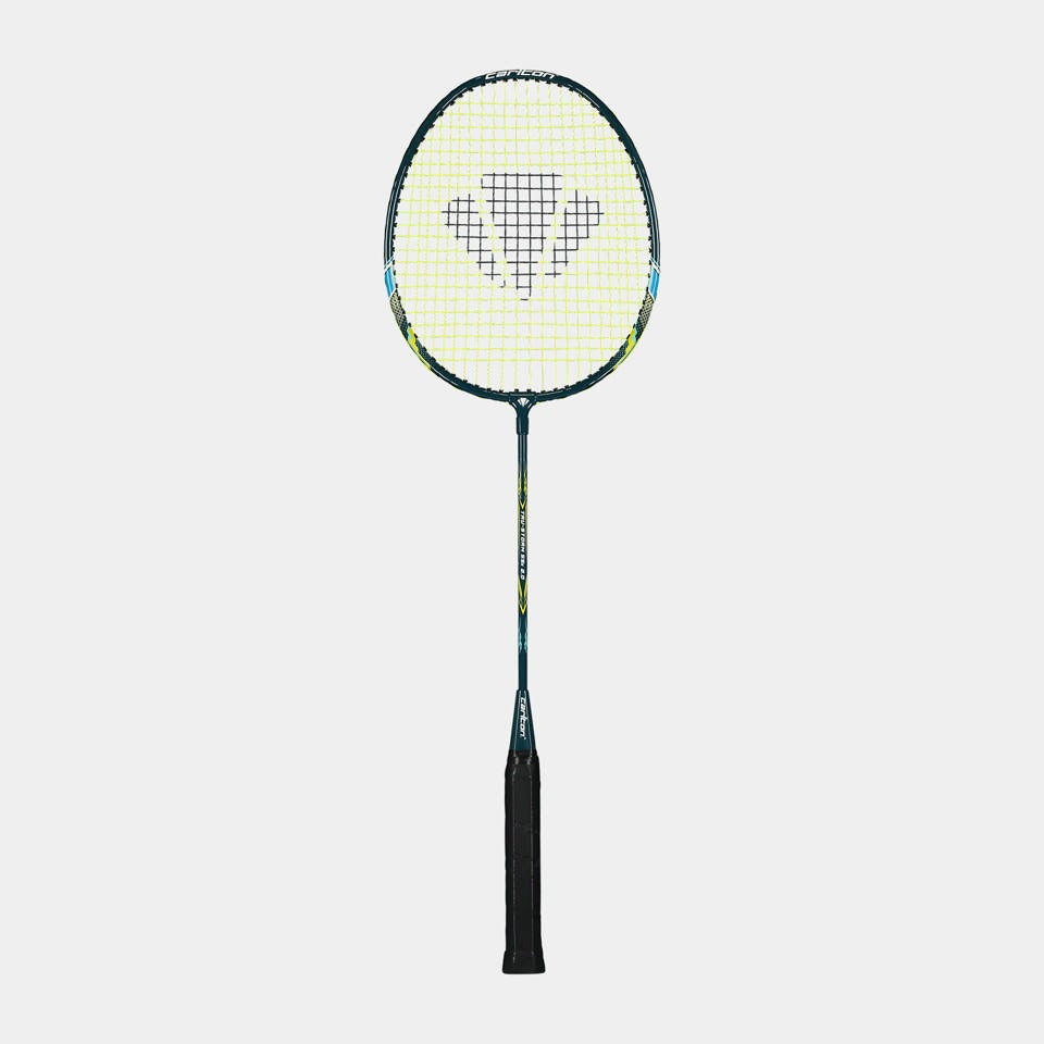 Badminton racket with a brand logo on a light gray background
