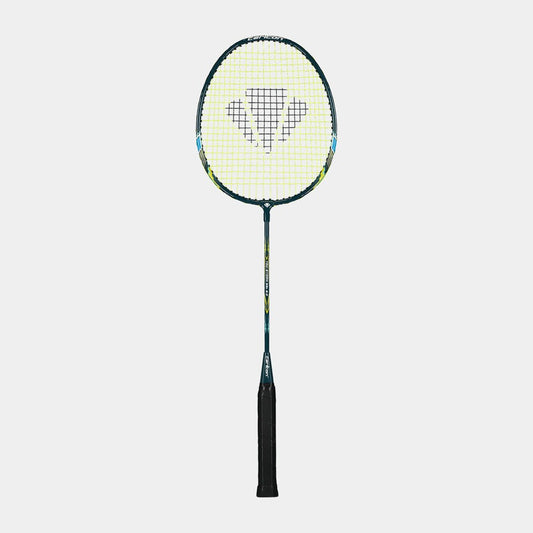 Badminton racket with a brand logo on a light gray background