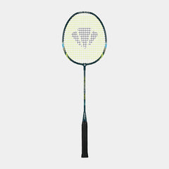 Badminton racket with a brand logo on a light gray background