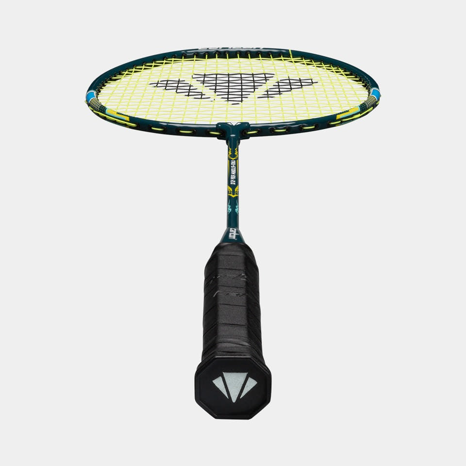 Badminton racket with a yellow string bed on a white background
