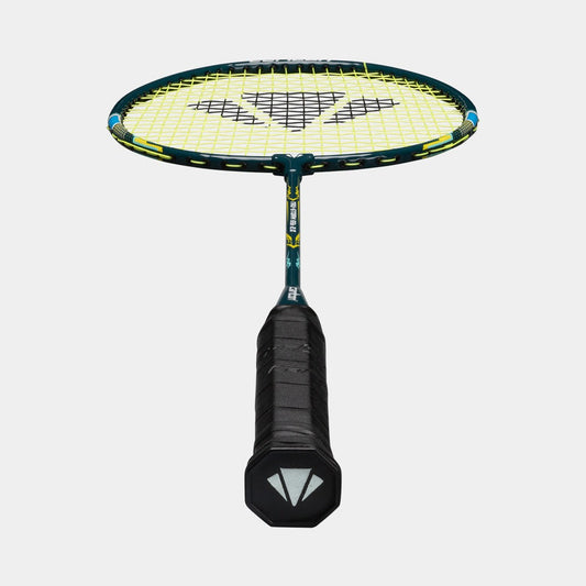 Badminton racket with a yellow string bed on a white background