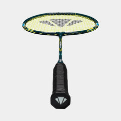 Badminton racket with a yellow string bed on a white background