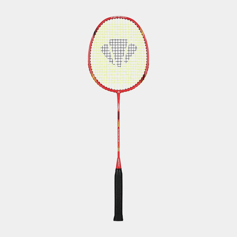 Badminton racket with a red frame and black handle on a white background