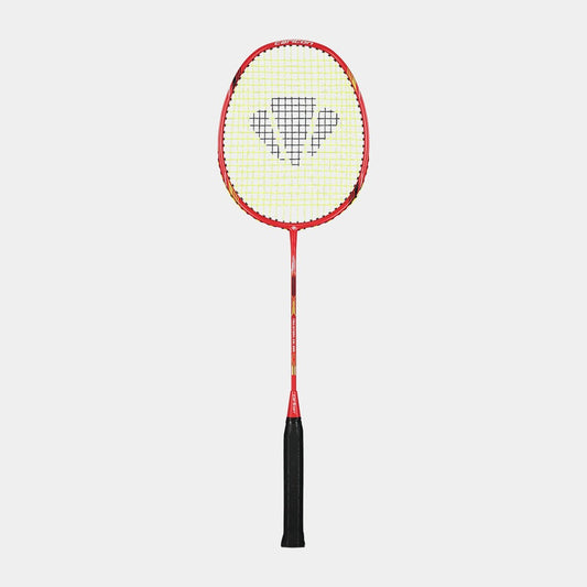 Badminton racket with a red frame and black handle on a white background