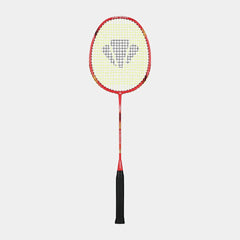 Badminton racket with a red frame and black handle on a white background