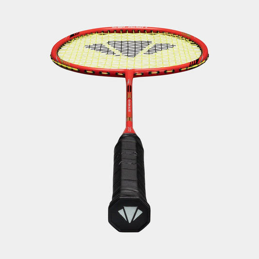 Red and black badminton racket with a white logo on a light gray background
