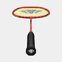 Red and black badminton racket with a white logo on a light gray background