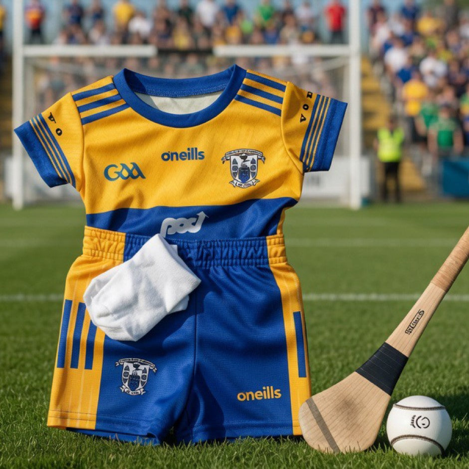 Children's GAA sports kit with blue and yellow colors on a grass field background.
