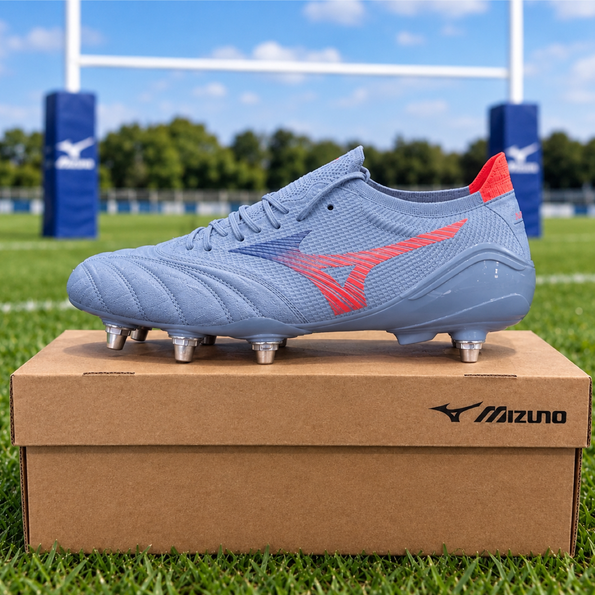 Mizuno Morelia Neo V Elite Soft Ground Rugby Boots Men's (Blue Finch Cornflower Blue Lava Orange)